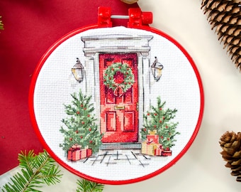 Cross Stitch Kit - Festive Welcome, Christmas Wreath, Festive New Year Trees, DIY Christmas Decor, Christmas Ornament