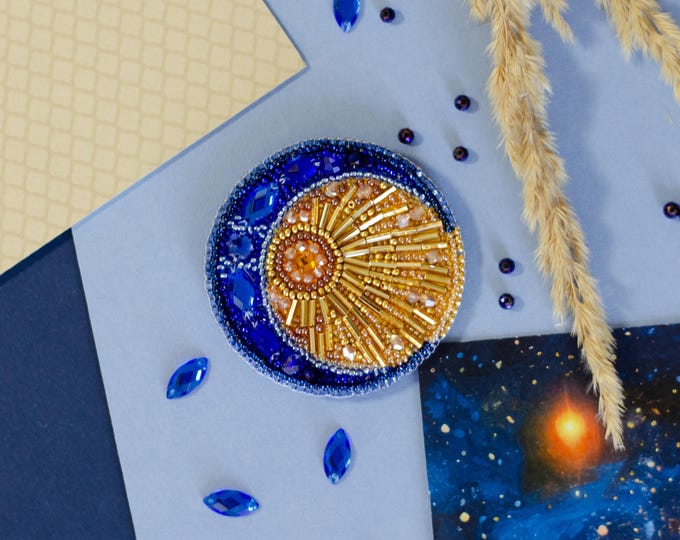 Bead Embroidery Kit - Celestial Duet, DIY Moon and Sun Brooch, Heavenly Couple, Beaded Brooch Kit, Moon Embroidery