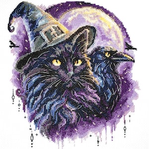 May include: Cross-stitch design featuring a black cat wearing a witch's hat, alongside a raven, set against a purple moonlit background. The cat has yellow eyes, and the raven is perched close by. The design has a Halloween theme.