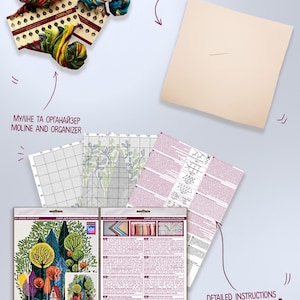 May include: Cross stitch kit with a colorful forest scene, including trees, a house, and a bird. The kit includes Aida canvas, embroidery floss, a needle, and detailed instructions. The kit is labeled "Cozy in the Forest" and "Abris Art".