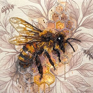 May include: A detailed artwork of a bee with a beaded body and wings, set against a watercolour background of leaves and a honeycomb. The bee is black, yellow, and brown, with silver accents on the honeycomb.
