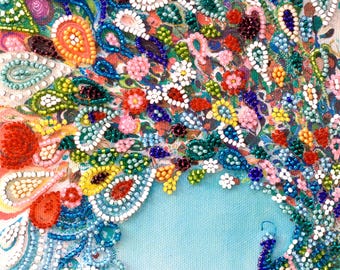 ビーズ刺繍キット カラーテール、ビーズ花柄孔雀、鳥刺繍、ロイヤル