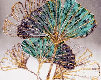Bead Embroidery Kit - Emerald Leaves, Golden Ginkgo Biloba, Beaded Ginkgo Leaves