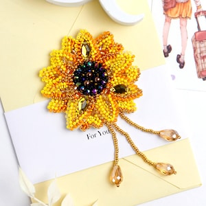 Bead Embroidery Kit - Sunflower Brooch, Handmade Sunflower Jewelry, Beaded Golden Sunflower, DIY Autumn Accessory, Jewelry Making Kit