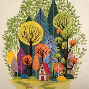 Cross Stitch Kit - Cozy Forest, DIY Enchanted Forest, Forest Cottage, Tree Embroidery, Forest Landscape