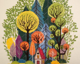 Kreuzstichpackung - Gemütlicher Wald, DIY Zauberwald, Waldhaus, Baum Stickerei, Waldlandschaft