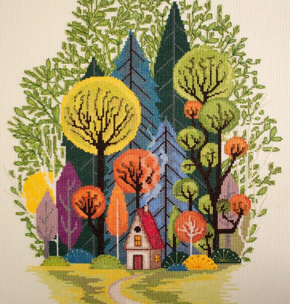 Cross Stitch Kit - Cozy Forest, DIY Enchanted Forest, Forest Cottage, Tree Embroidery, Forest Landscape