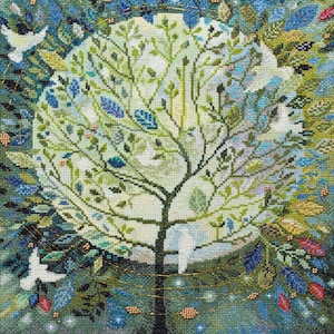 Cross Stitch Kit - World Tree, Tree Embroidery, DIY Tree of Life, White Doves, Birds Embroidery