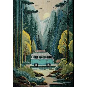 Cross Stitch Kit - Forest Road Trip, Camper Van Embroidery, Forest Landscape, Mountain Embroidery