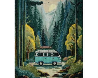 Kreuzstichpackung - Waldausflug, Reisebus, Waldlandschaft, Bergstickerei