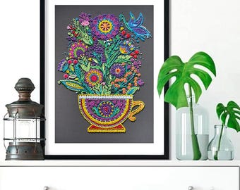 Bead Embroidery Kit - Cup of Happiness, Blooming Colorful Flowers, Butterfly Embroidery, Beaded Flower Bouquet, DIY Floral Decor
