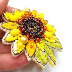 Bead Embroidery Kit - Sunflower Brooch, Handmade Sunflower Jewelry, DIY Autumn Accessory, Beaded Sunflower Pin, Flower Embroidery