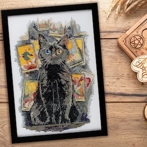 Kit de point de croix - chat mystérieux, broderie de chat, cartes de tarot mystique, chat noir à faire soi-même