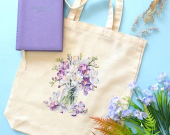 Kit de punto de cruz: Ternura primaveral, bordado de flores, bolsa de la compra DIY, ramo de fresias, kit de bordado para la compra, bolsa de algodón