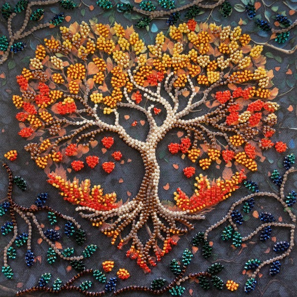 Kit per ricamo con perline - Albero degli innamorati, Albero autunnale con perline, Albero della vita fai da te, Ricamo con albero del mondo