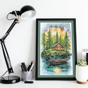 Cross Stitch Kit - Silence in the Forest, Lakeside Cabin at Sunset, Mountain Embroidery, Pine Forest Landscape