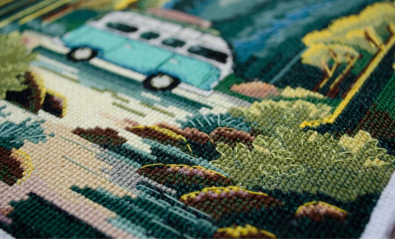 Cross Stitch Kit - Forest Road Trip, Camper Van Embroidery, Forest ...