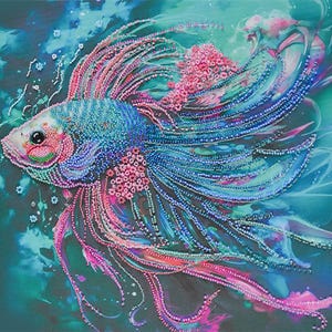 Pärlbroderikit - På djupet, Pärlbearbetad Bettafisk, Fiskbroderi, DIY Färgglada Fiskar