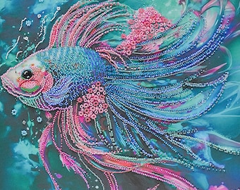 Bead Embroidery Kit - At Depth, Beaded Betta Fish, Fish Embroidery, DIY Colorful Fish