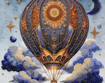 Bead Embroidery Kit - Air Adventures, Celestial Voyage, DIY Beaded Balloon, Moon Embroidery