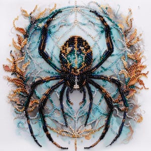 Puede incluir: Una araña de cuentas con cuerpo y patas negras, rodeada de una telaraña de cuentas en tonos azules, verdes y dorados. La araña está centrada en la imagen, con las patas extendidas.