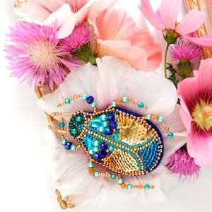 Bead Embroidery Kit - Golden Beetle Brooch, Beaded Tropical Bug, Insect Embroidery, DIY Bug Jewelry Kit, Handmade Jewelry Making Kit