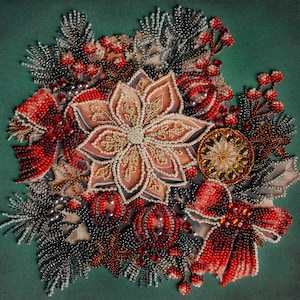 Bead Embroidery Kit - Christmas Wreath, Beaded Festive Wreath, DIY New Year Wreath, Wreath Embroidery