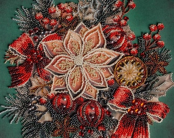 Bead Embroidery Kit - Christmas Wreath, Beaded Festive Wreath, DIY New Year Wreath, Wreath Embroidery
