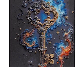 May include: A large, ornate, gold key with a blue and orange swirl design. The key is surrounded by a swirling pattern of blue, orange, and gold beads.