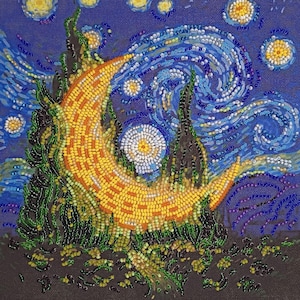 Perlenstickerei Kit - Cypress Moon, Mond Stickerei, Goldener Mond, DIY Sternennacht