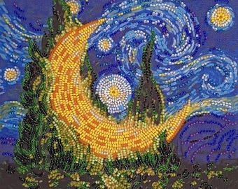 Bead Embroidery Kit - Cypress Moon, Moon Embroidery, Beaded Golden Moon, DIY Starry Night