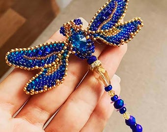 Kit de bordado con cuentas: broche de libélula, libélula real con cuentas, bordado de insectos, libélula azul DIY, accesorio de moda