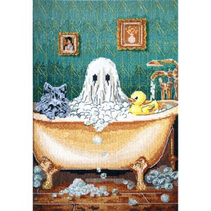 Cross Stitch Kit - Domestic Ghost, Black Cat Embroidery, Ghostly Bath Time, DIY Halloween Decor, Halloween Gift Idea, Halloween Needlework