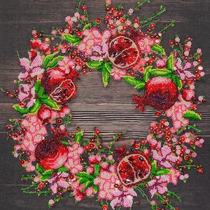 Bead Embroidery Kit - Pomegranate Wreath, Beaded Red Pomegranates, Wreath Embroidery