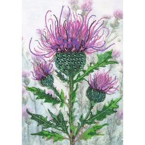 Puede incluir: Ilustración detallada de un cardo con una gran flor morada vibrante y capullos más pequeños. La base verde espinosa de la flor contrasta con los delicados pétalos morados. Las hojas y el tallo verdes completan la obra de arte botánica.