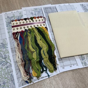 May include: A cross stitch kit with a variety of colored threads, a printed pattern, and a piece of Aida cloth. The threads are organized on a card labeled "Abris Art".