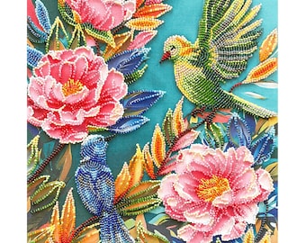 ビーズ刺繍キット 咲く庭 夏の風景 牡丹 鳥 動物 針仕事 ビーズ細工