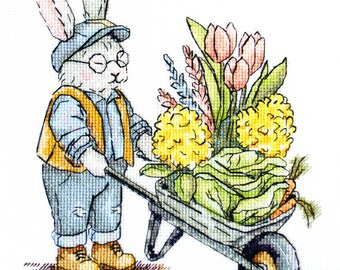 Cross Stitch Kit - Harvest Day, Colorful Spring Flowers, Bunny Gardener Embroidery, DIY Spring Decor