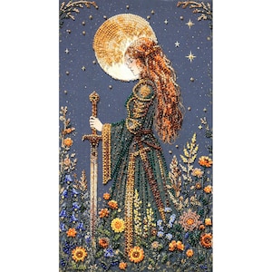 May include: A diamond painting art piece featuring a person with long auburn hair standing in a field of colorful flowers under a large golden moon and starry sky. The figure wears a dark green patterned gown and holds a tall, upright sword.
