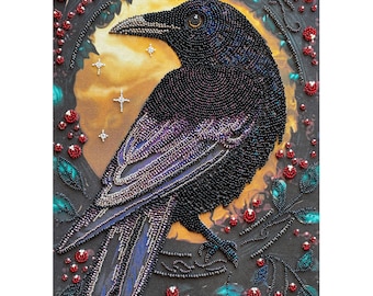 Perlenstickerei Kit - Schwarzer Rabe, Gothic Design, Vogel Stickerei, DIY Perlenstickerei
