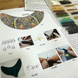 K&ouml;nnte beinhalten: Eine Schritt-f&uuml;r-Schritt-Anleitung zum Perlen eines Halsbandes mit einer detaillierten Illustration des fertigen Produkts, Nahaufnahmen des Perlensvorgangs und Anweisungen in Englisch und Russisch.