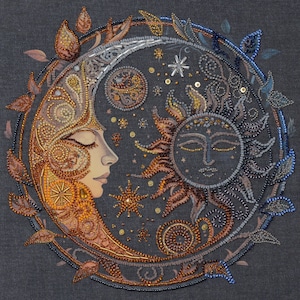 Perlenstickerei Kit - Celestial Harmony, Perlen Mond und Sonne, Mond Stickerei, DIY Modernes Design