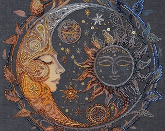 Bead Embroidery Kit - Celestial Harmony, Beaded Moon and Sun, Moon Embroidery, DIY Modern Design