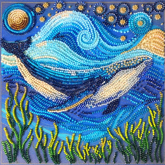 ビーズ刺繍キット - 深海の壮大さ、ビーズの海の波、クジラの刺繍、DIY