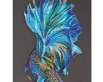 Bead Embroidery Kit - Blue Fish, DIY Betta Fish, Fish Embroidery, Beaded Colorful Fish