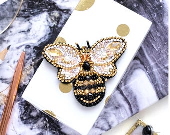 Bead Embroidery Kit - Golden Bee Brooch, Insect Embroidery, Beaded Honey Bee, Handmade Bee Jewelry Kit, DIY Fashion Accessory