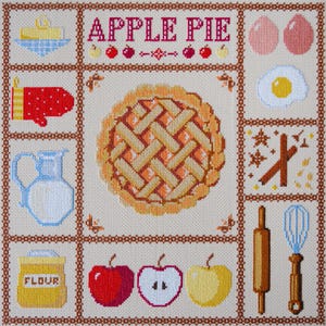 Può includere: Un ricamo a punto croce su tessuto beige raffigurante una torta di mele centrale con crosta a reticolo, il testo APPLE PIE e icone circostanti tra cui un burriera, un guanto da forno rosso, una brocca blu, un sacchetto di farina, uova, un uovo al tegamino, bastoncini di cannella, un mattarello, una frusta e mele.