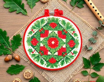 Zestaw do haftu krzyżykowego – motyw tradycyjny, haft kwiatowy, ręcznie robiona mandala kwiatowa, zestaw do robótek ręcznych dla początkujących, dekoracje w stylu modern folk DIY