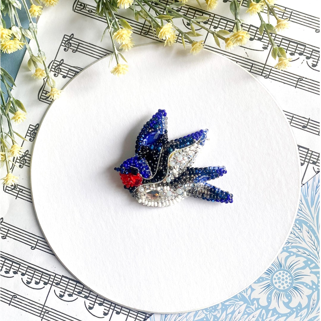 ビーズ刺繍キット - ツバメの歌、鳥の刺繍、ビーズのツバメのブローチ