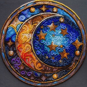 May include: A circular beaded artwork depicting a sun and moon design. The sun is a swirling blue and gold pattern, while the moon is a crescent shape with orange, red, and yellow beads. The background is a dark blue with a beaded border.